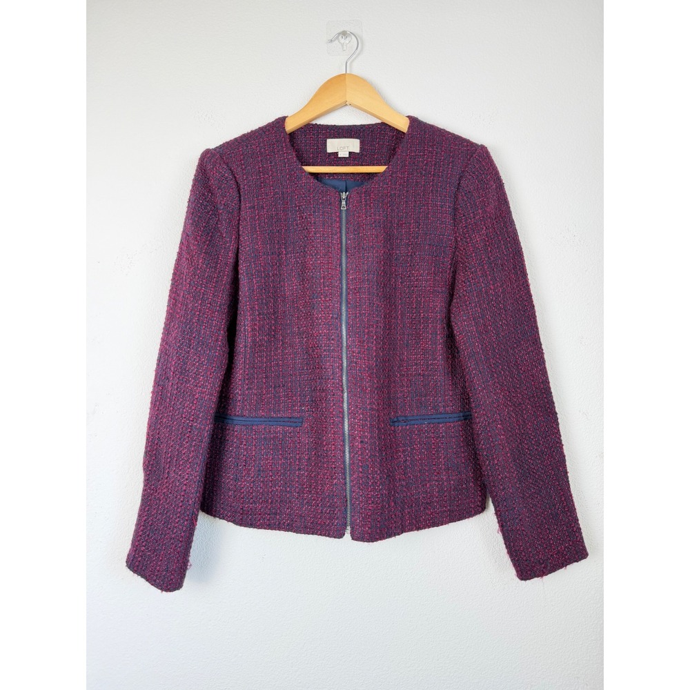 LOFT Wool Blend Boucle Jacket 8 Burgundy Zip Old Money Preppy Academia Tweed